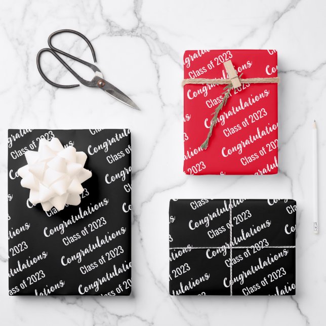 Congratulations Class of 2023 Red Black and White Wrapping Paper Sheets (Front)