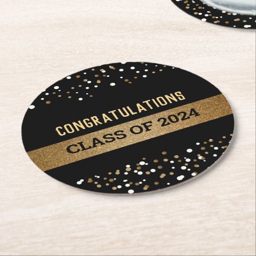 Congratulations Class of 2024 Black Gold  Round Paper Coaster
