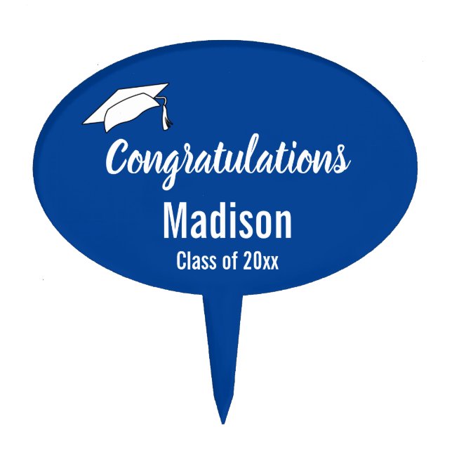 Congratulations Class of 2026 Grad Name Blue White Cake Topper (Front)
