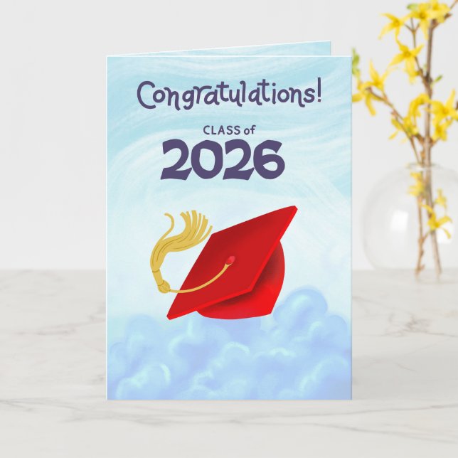 Congratulations Class of 2026 Red Graduation Cap Card (Yellow Flower)