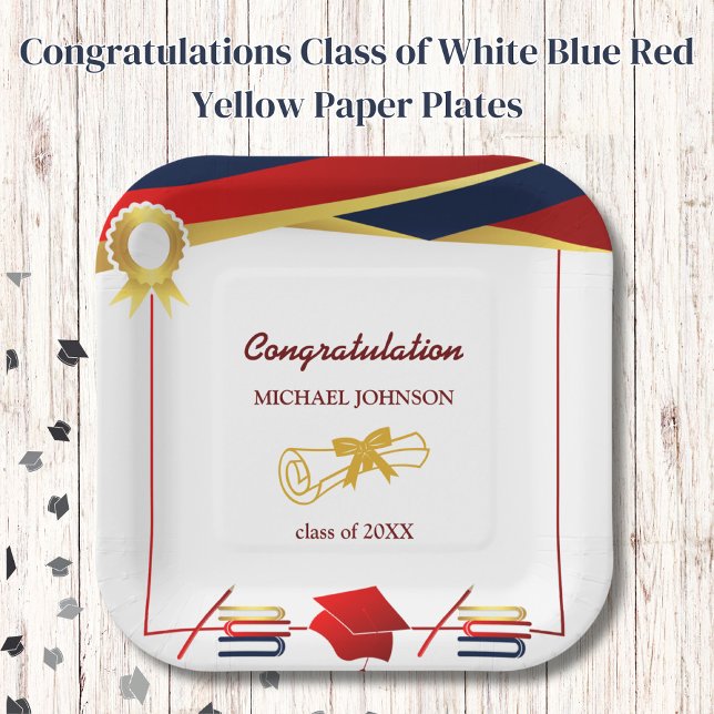 Congratulations Class of White Blue Red Yellow  Paper Plates (Creator Uploaded)