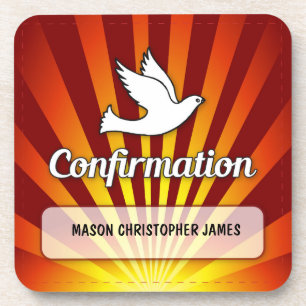 Congratulations Confirmation Dove with Gold, Red Drink Coaster