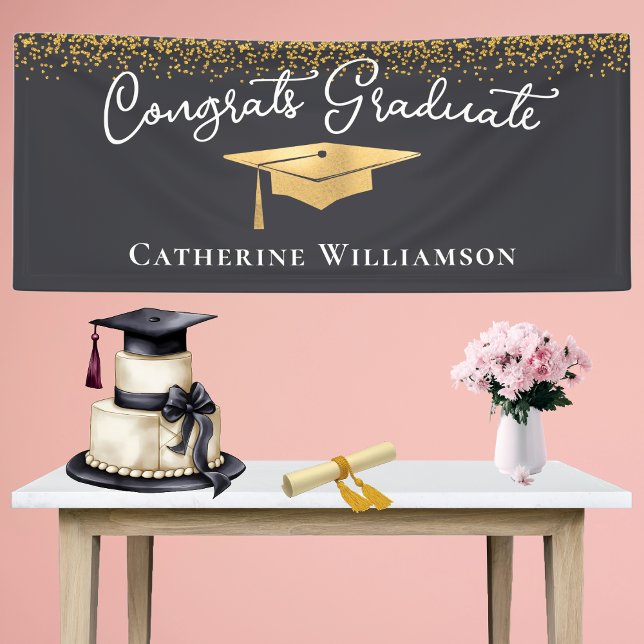 Congratulations Custom Elegant Gold Graduate  Banner (Elegant Gold Graduation Cap Congratulations Graduation Party Banner)