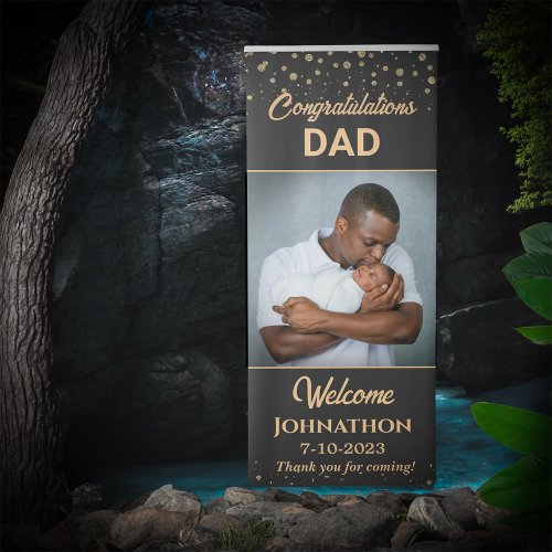 Congratulations Dad Father Baby Photo Gold Black  Retractable Banner