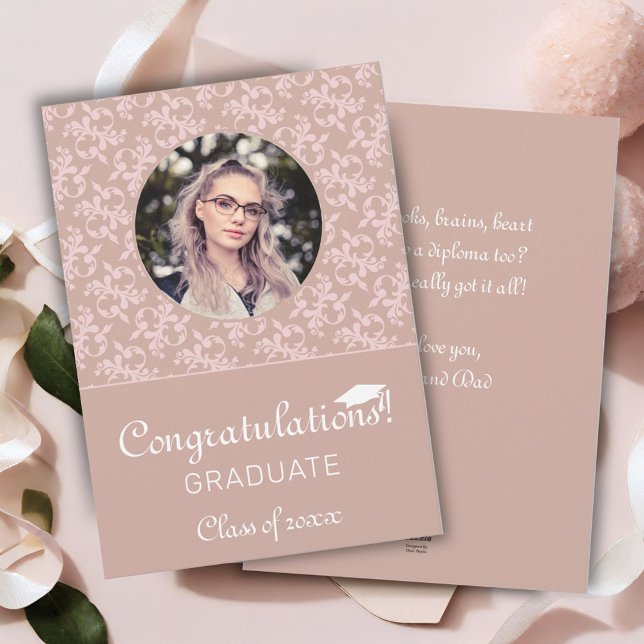 Congratulations Dusty Pink Rococo Graduation Photo Holiday Card (Creator Uploaded)
