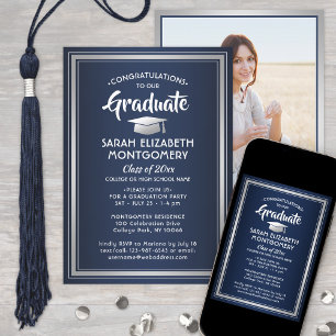 Congratulations Elegant Navy Blue Graduation Photo Invitation