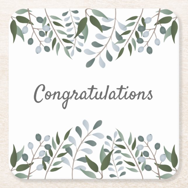 Congratulations Eucalyptus Greenery Floral Square Paper Coaster (Front)
