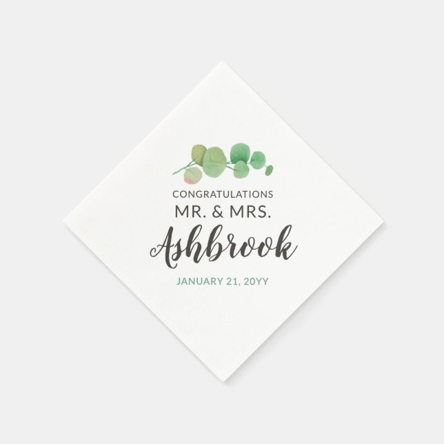 Congratulations Eucalyptus Leaf Botanical Wedding Napkins (Corner)