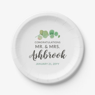 Congratulations Eucalyptus Leaf Botanical Wedding Paper Plates