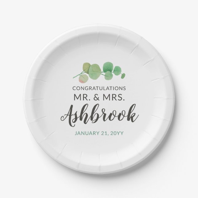 Congratulations Eucalyptus Leaf Botanical Wedding Paper Plates (Front)