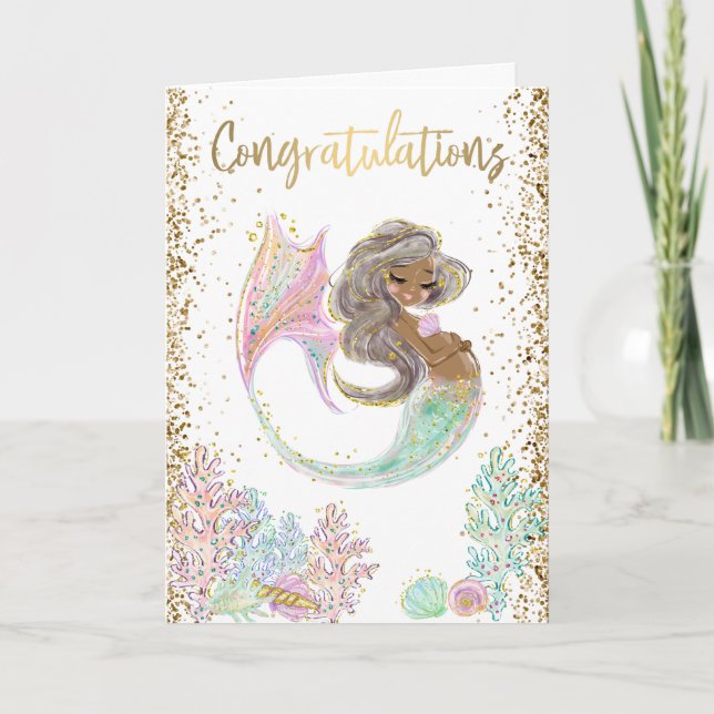 Congratulations Expecting Mermaid Pregnant Gold Ca Card (Front)