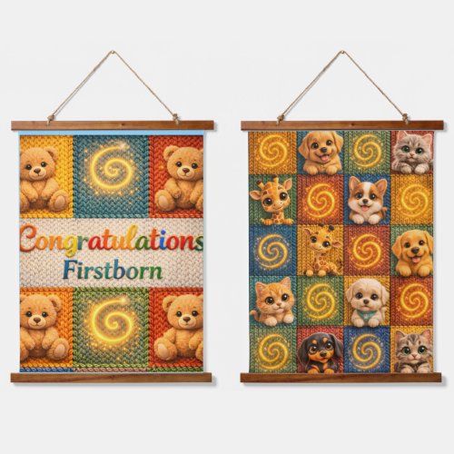 Congratulations, first born and cute animals knitt hanging tapestry
