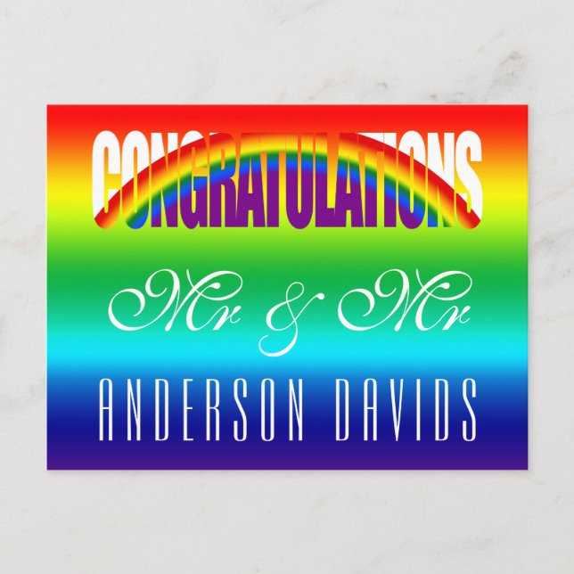 Congratulations Gay Couple Bright Rainbow Flag Postcard (Front)