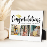 Congratulations Gold 3 Photo 2023 Graduation Plaque<br><div class="desc">Stylish 3 photo graduation plaque display sign with easel features "Congratulations" in trendy black calligraphy script with gold colored grad cap and modern custom text for the graduate's name and class year. Add three favorite photos of the graduate to the square placeholder images. Clean white background color.</div>