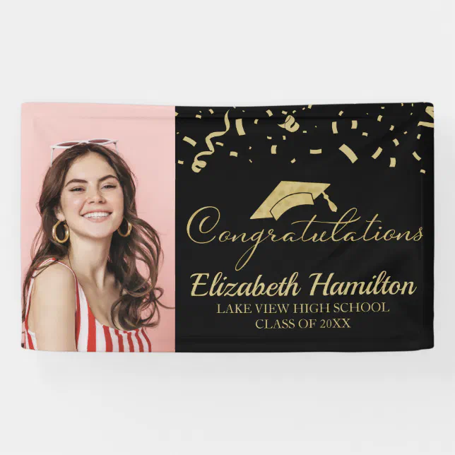 Congratulations Gold And Black Photo Graduation Banner | Zazzle