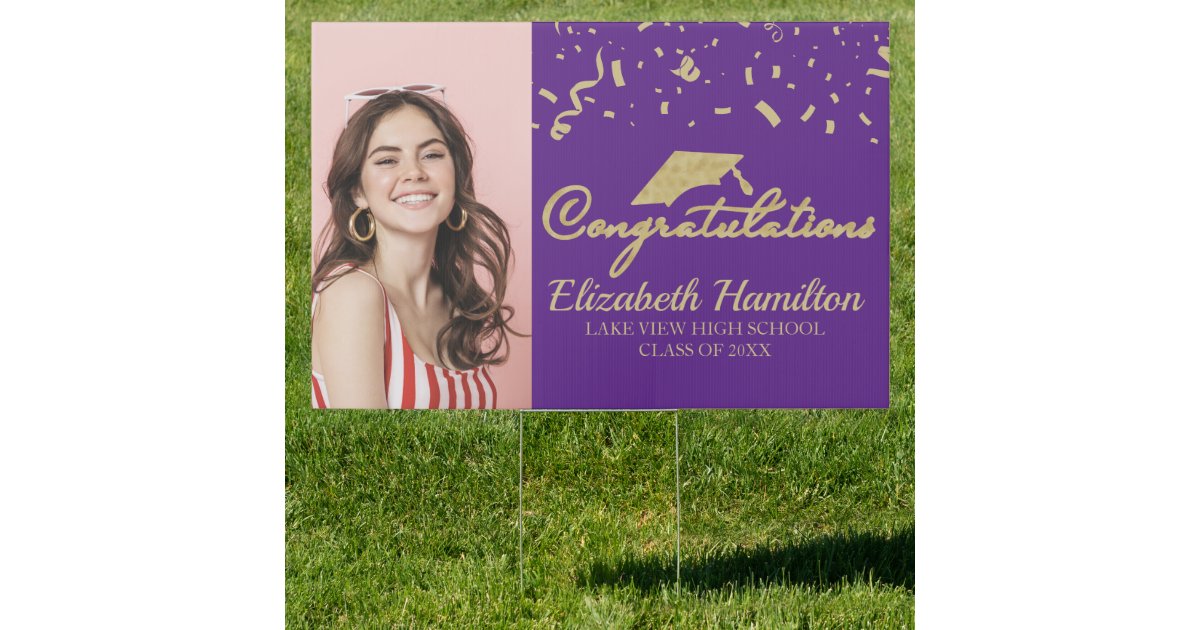 Congratulations Gold And Purple Photo Graduation Sign | Zazzle