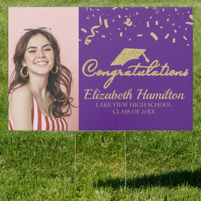 Congratulations Gold And Purple Photo Graduation Sign | Zazzle