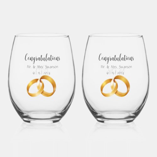 Congratulations Gold Bands Set of 2 Stemless Wine Glass