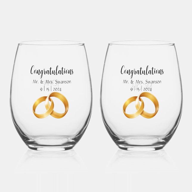 Congratulations Gold Bands, Set of 2 Stemless Wine Glass (Front)