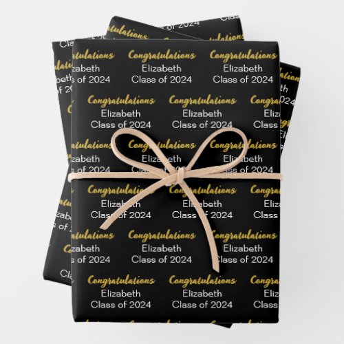 Congratulations Gold Black Class of 2024 Name Wrapping Paper Sheets