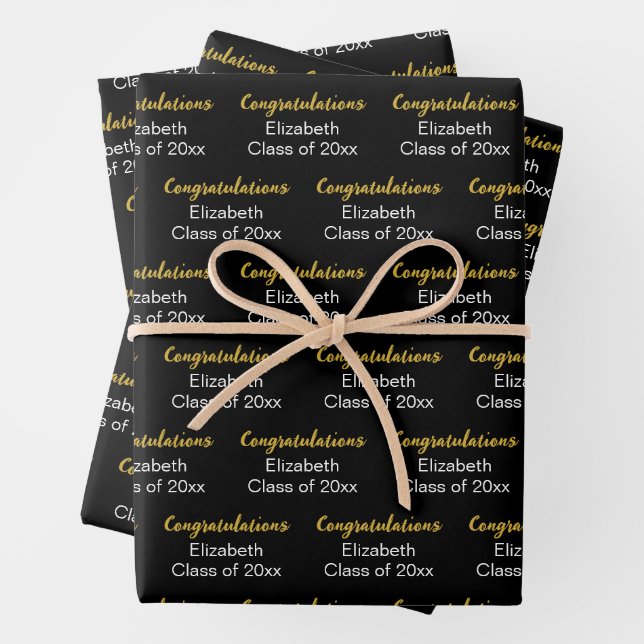 Congratulations Gold Black Class of 20xx Name Wrapping Paper Sheets (In situ)