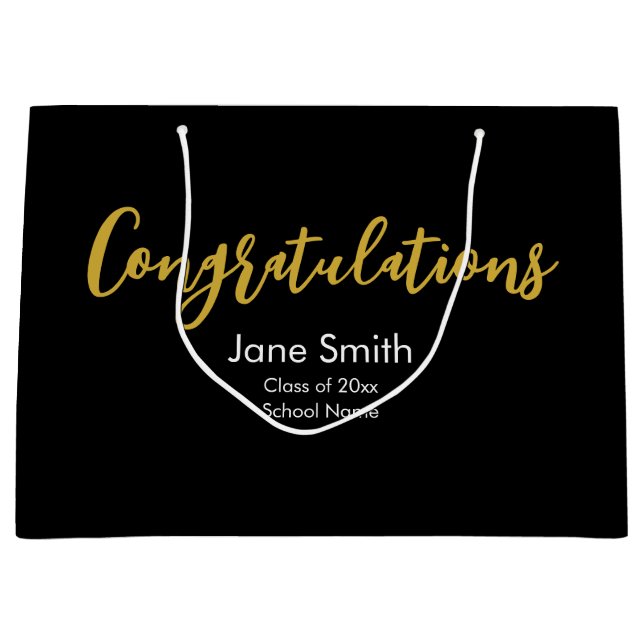Congratulations Gold Black White School Grad Name Large Gift Bag (Front)