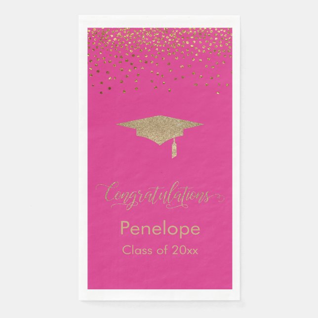 Congratulations Gold Confetti Grad Cap Bold Pink Paper Guest Towels (Front)