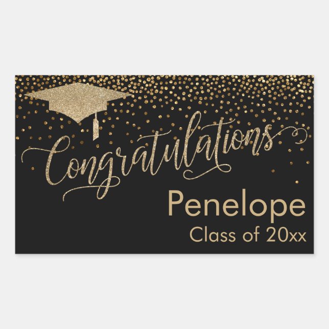 Congratulations Gold Confetti Graduation Black Rectangular Sticker (Front)
