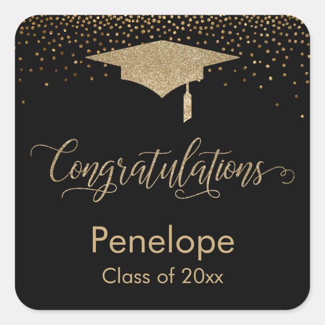 Congratulations Gold Confetti Graduation Black Square Sticker (Front)