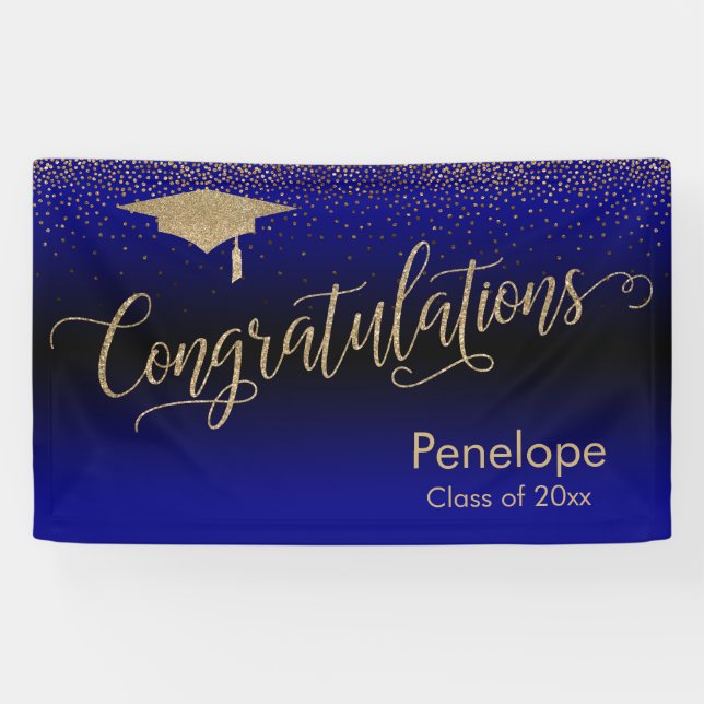 Congratulations Gold Confetti Graduation Blue Banner (Horizontal)