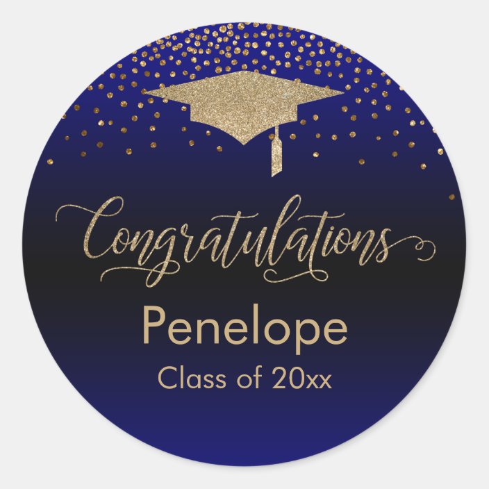 Congratulations Gold Confetti Graduation Blue Classic Round Sticker ...