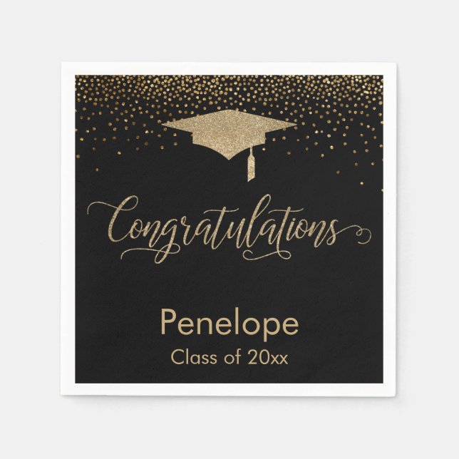 Congratulations Gold Confetti Graduation Cap Black Napkins (Front)