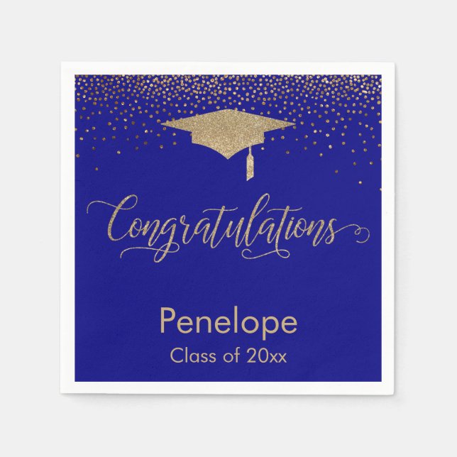 Congratulations Gold Confetti Graduation Cap Blue Napkins (Front)