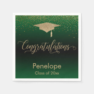 Congratulations Gold Confetti Graduation Cap Green Napkins