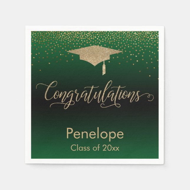 Congratulations Gold Confetti Graduation Cap Green Napkins (Front)