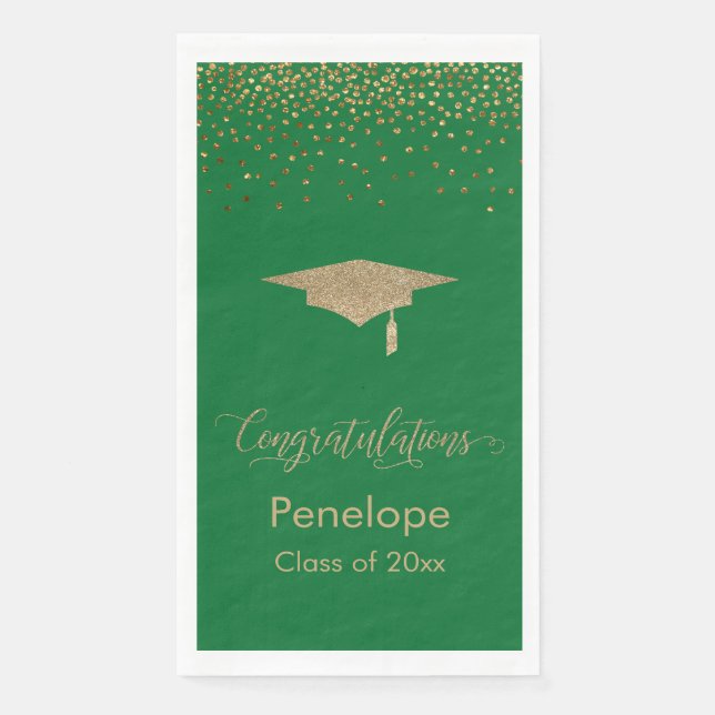 Congratulations Gold Confetti Graduation Cap Green Paper Guest Towels (Front)