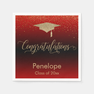 Congratulations Gold Confetti Graduation Cap Red Napkins