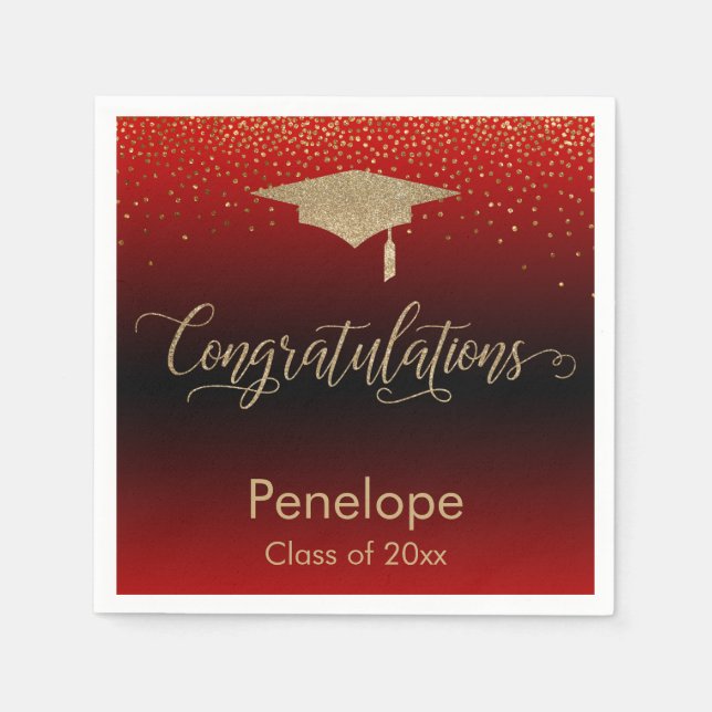 Congratulations Gold Confetti Graduation Cap Red Napkins (Front)