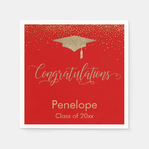 Congratulations Gold Confetti Graduation Cap Red Napkins