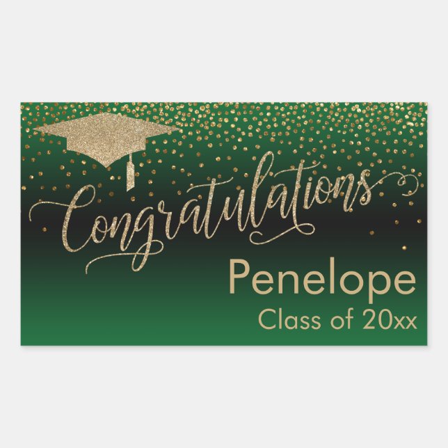 Congratulations Gold Confetti Graduation Green Rectangular Sticker (Front)