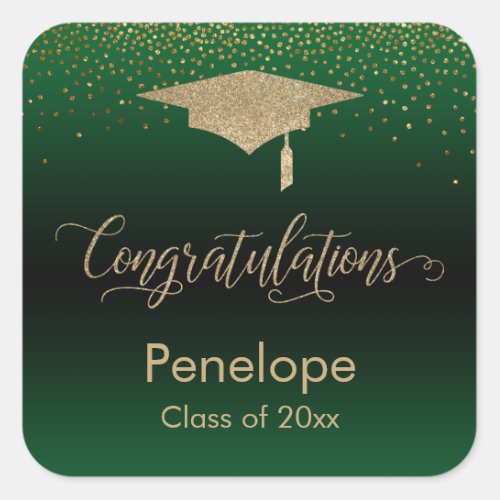 Congratulations Gold Confetti Graduation Green Square Sticker