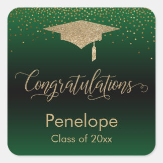 Congratulations Gold Confetti Graduation Green Square Sticker
