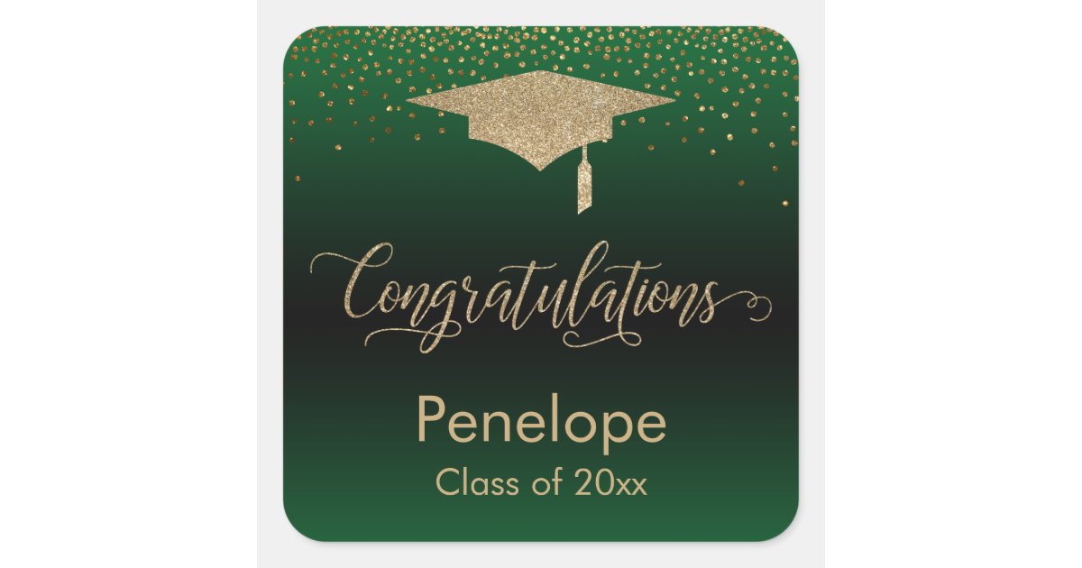 Congratulations Gold Confetti Graduation Green Square Sticker | Zazzle