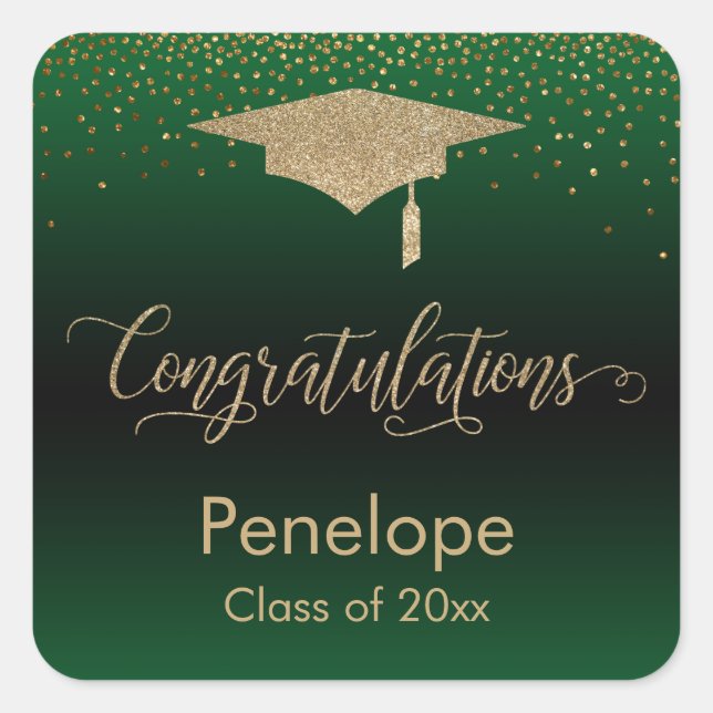 Congratulations Gold Confetti Graduation Green Square Sticker (Front)