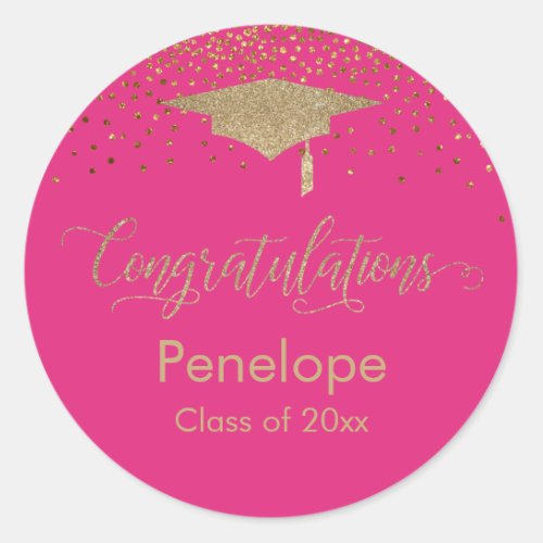 Congratulations Gold Confetti Graduation Hot Pink Classic Round Sticker