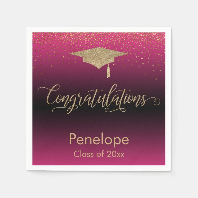 Congratulations Gold Confetti Graduation Hot Pink Napkins (Front)