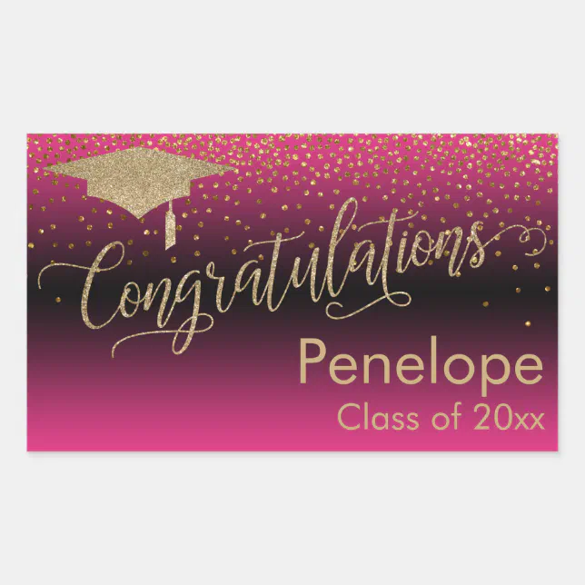 Congratulations Gold Confetti Graduation Hot Pink Rectangular Sticker ...