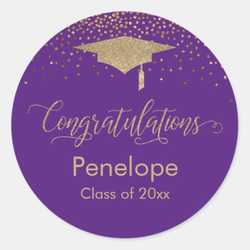 Congratulations Gold Confetti Graduation Purple Classic Round Sticker