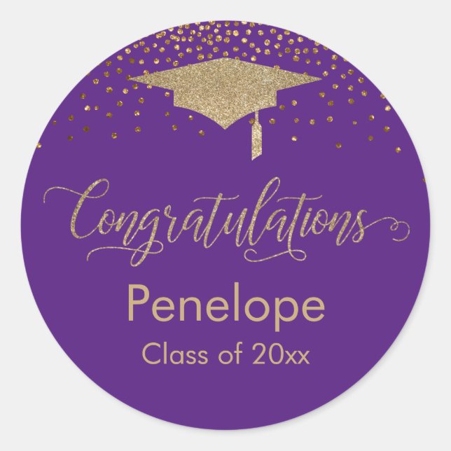 Congratulations Gold Confetti Graduation Purple Classic Round Sticker (Front)