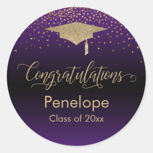 Congratulations Gold Confetti Graduation Purple Classic Round Sticker